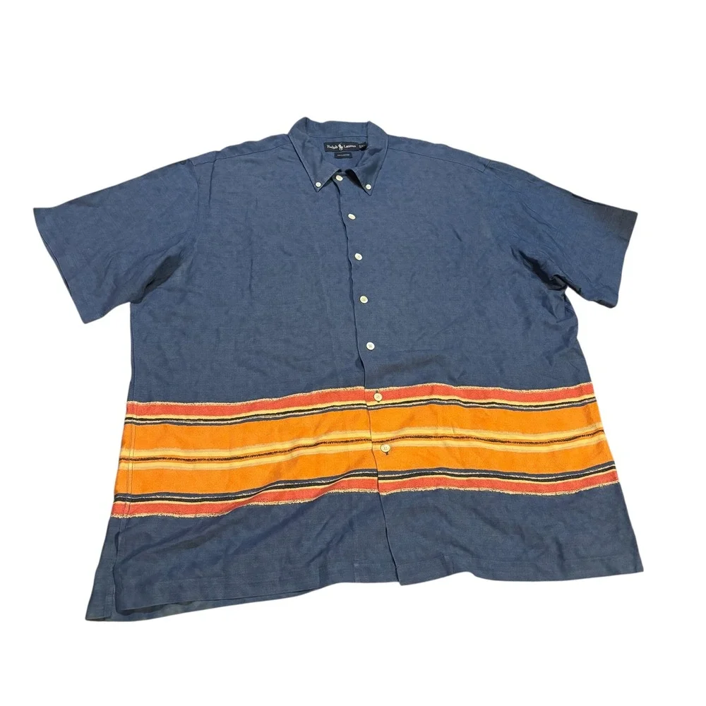 Ralph Lauren Hawaiian Shirt Blue Viscose Short‎ Sleeve Mens XL Striped Casual